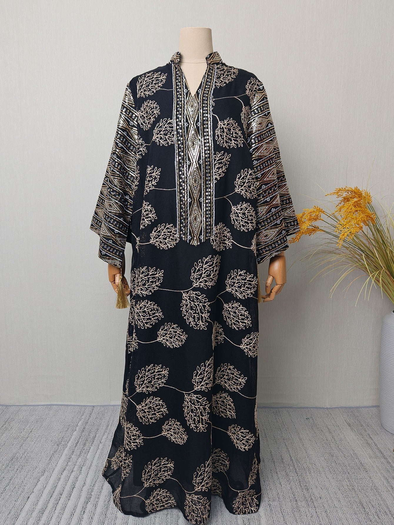 Elegant Embroidered Mesh Dress with Sleeve Slit Crew Neck V-Neck Long Dress