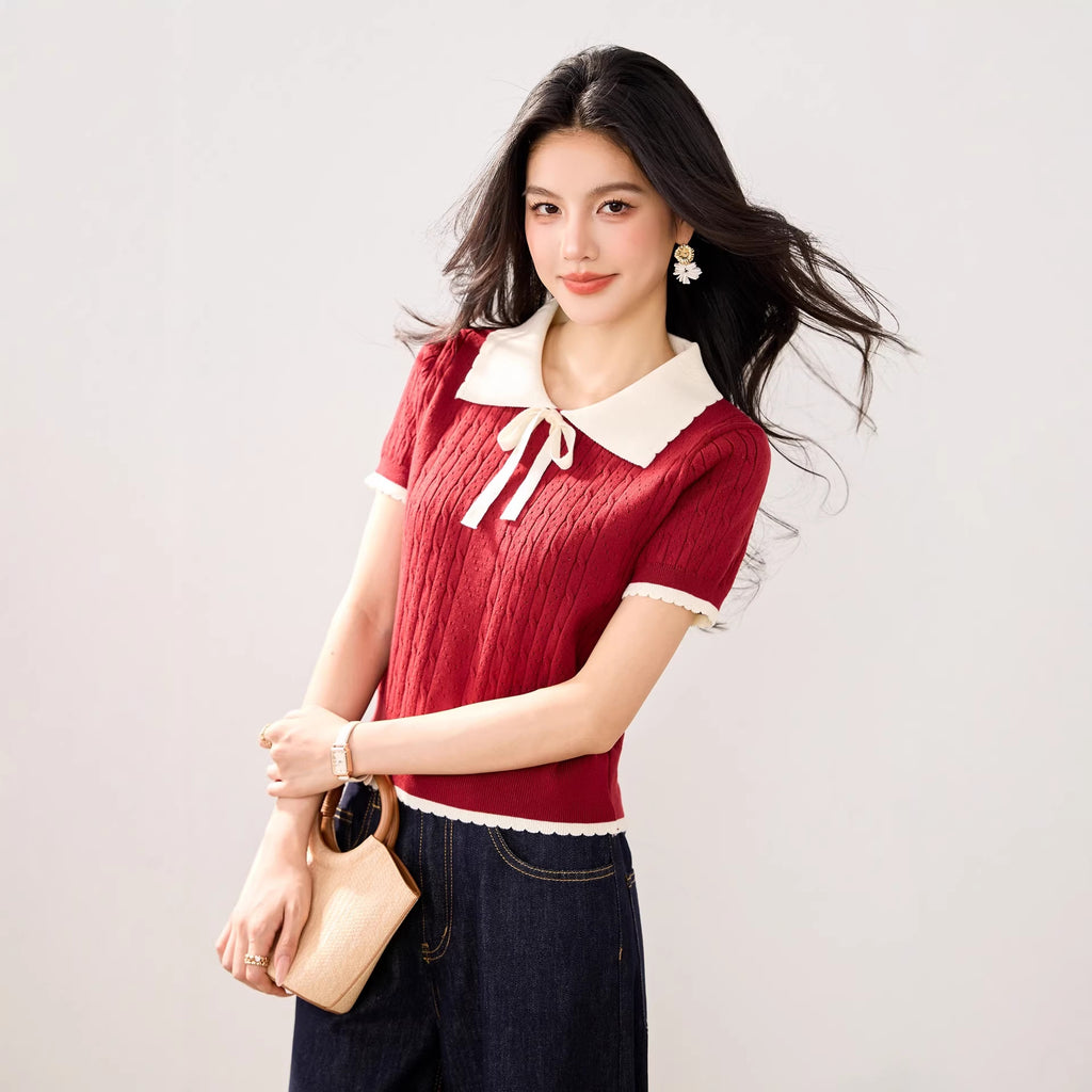 Cute Color-Blocking Short Sleeve Knit Top for Women, Summer Lightweight Skin-FriendlyBreathable Tie-Bow Design Sweet and Youthful Look