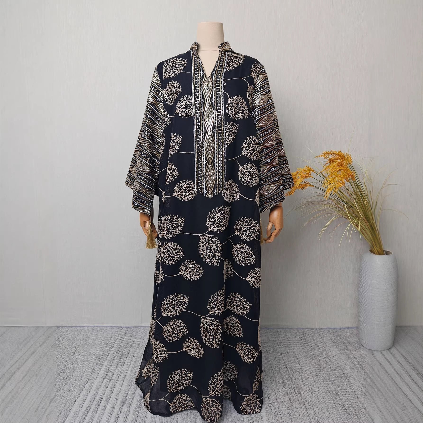 Elegant Embroidered Mesh Dress with Sleeve Slit Crew Neck V-Neck Long Dress