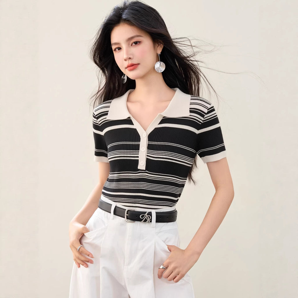 Fashionable Knitted Striped Polo Neck T-Shirt, Slim Fit, Casual Short Sleeve Top