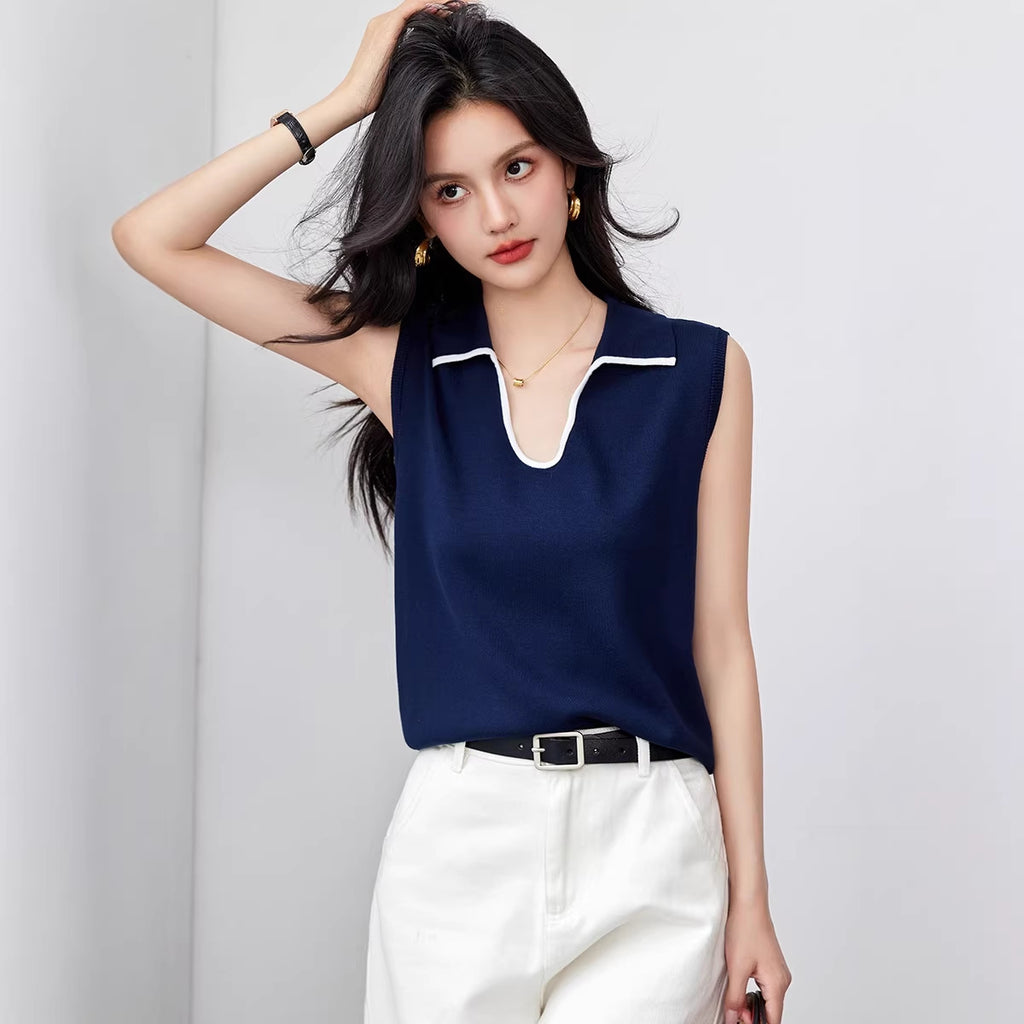Polo Neck Sleeveless Knit Vest, Casual Loose-Fitting Versatile Shoulder Cover Top for Women