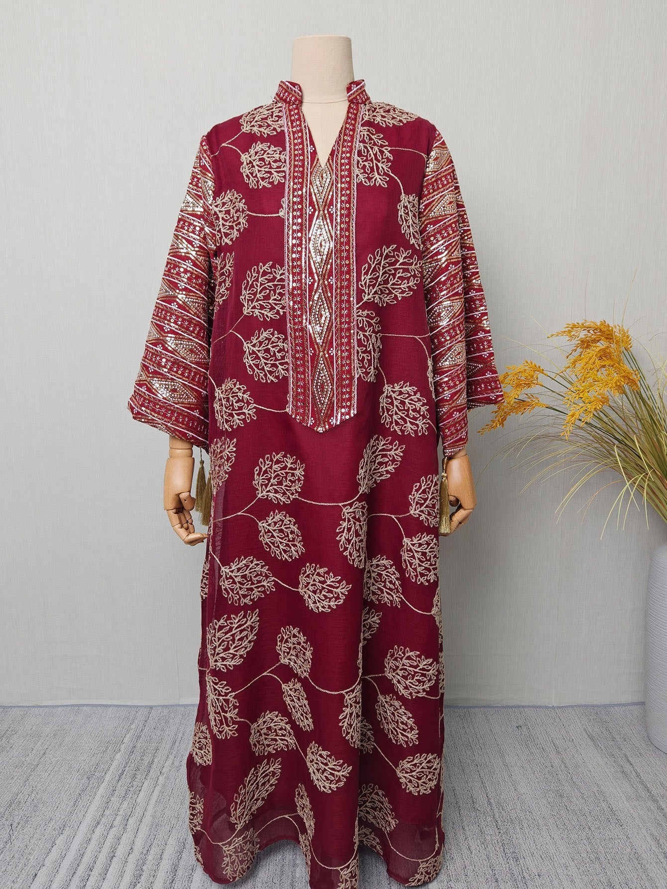 Elegant Embroidered Mesh Dress with Sleeve Slit Crew Neck V-Neck Long Dress