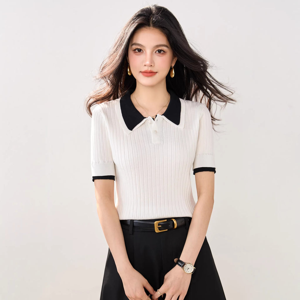 Polo Neck Knit Top for Women, Summer New Style Slim Fit Lightweight Ice Silk Short Sleeve Shirt