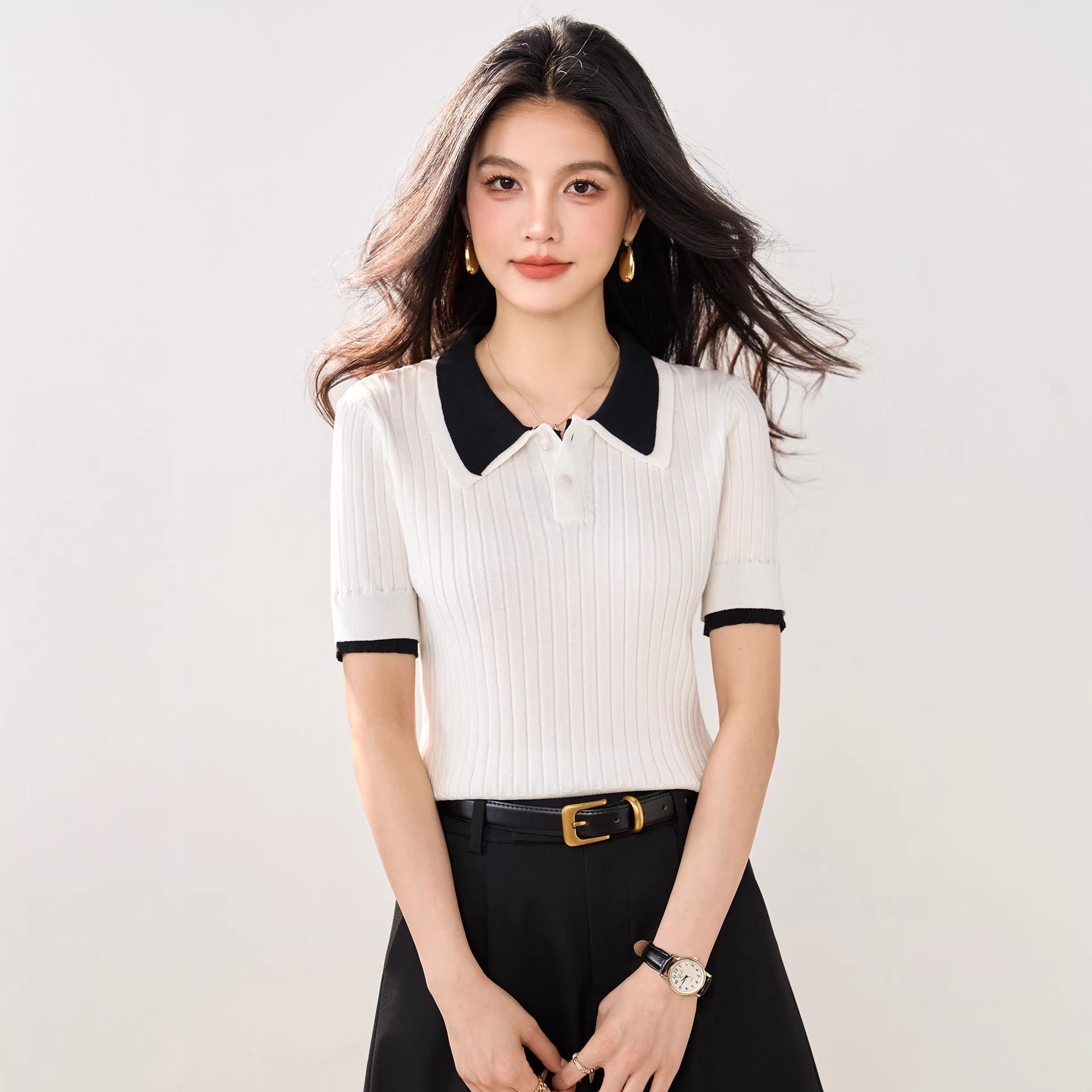 Polo Neck Knit Top for Women, Summer New Style Slim Fit Lightweight Ice Silk Short Sleeve Shirt