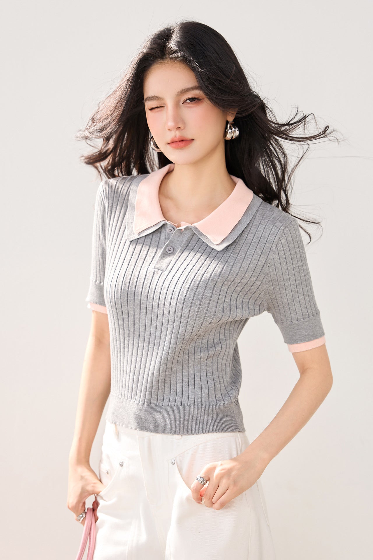 Polo Neck Knit Top for Women, Summer New Style Slim Fit Lightweight Ice Silk Short Sleeve Shirt