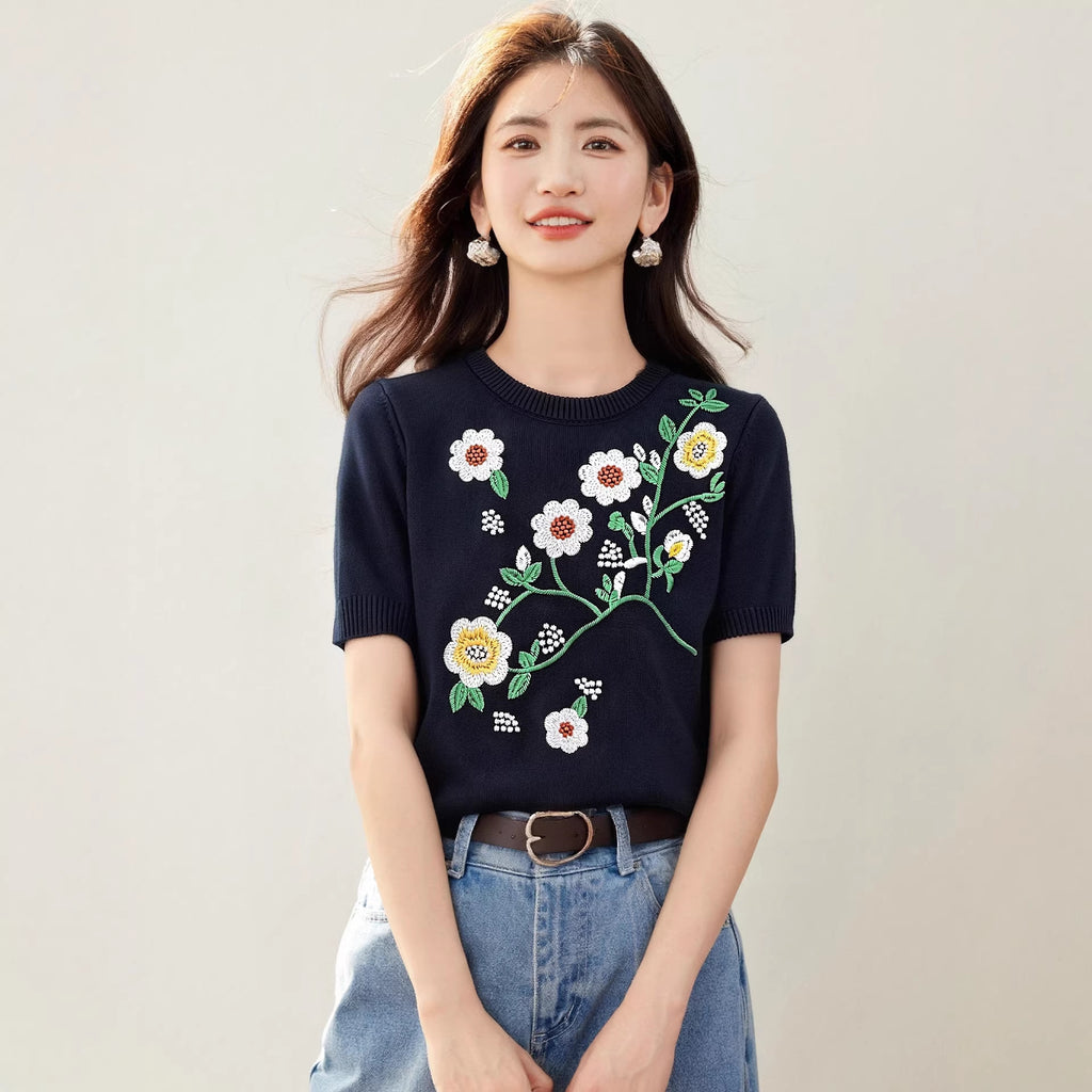 Retro black flower embroidered knitted short sleeved T-shirt for women's summer new small short top