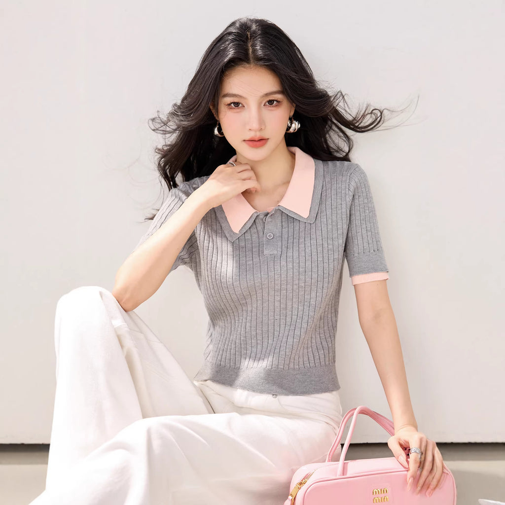 Polo Neck Knit Top for Women, Summer New Style Slim Fit Lightweight Ice Silk Short Sleeve Shirt