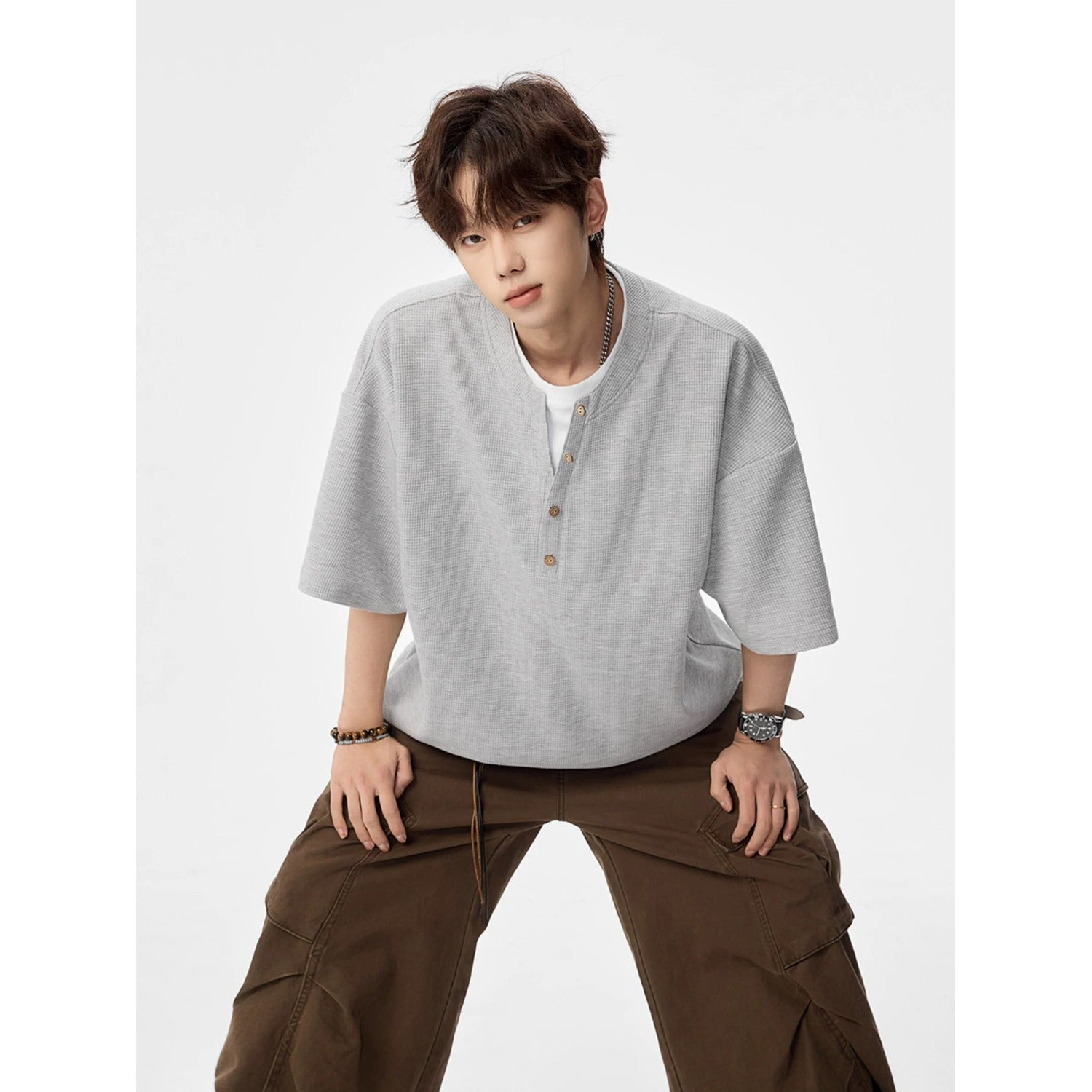 False Two-Piece Buttoned Short Sleeve T-Shirt