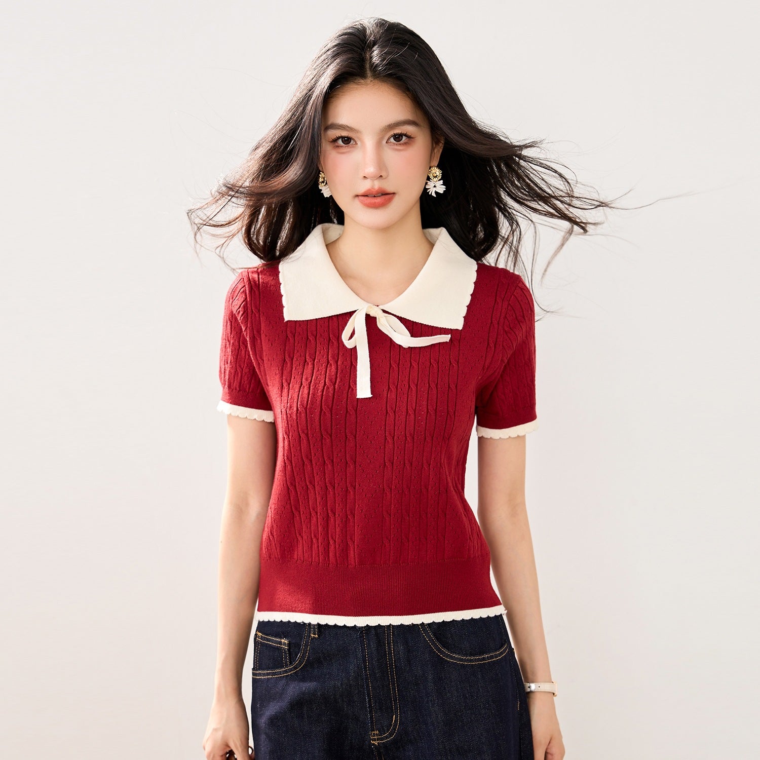 Cute Color-Blocking Short Sleeve Knit Top for Women, Summer Lightweight Skin-FriendlyBreathable Tie-Bow Design Sweet and Youthful Look