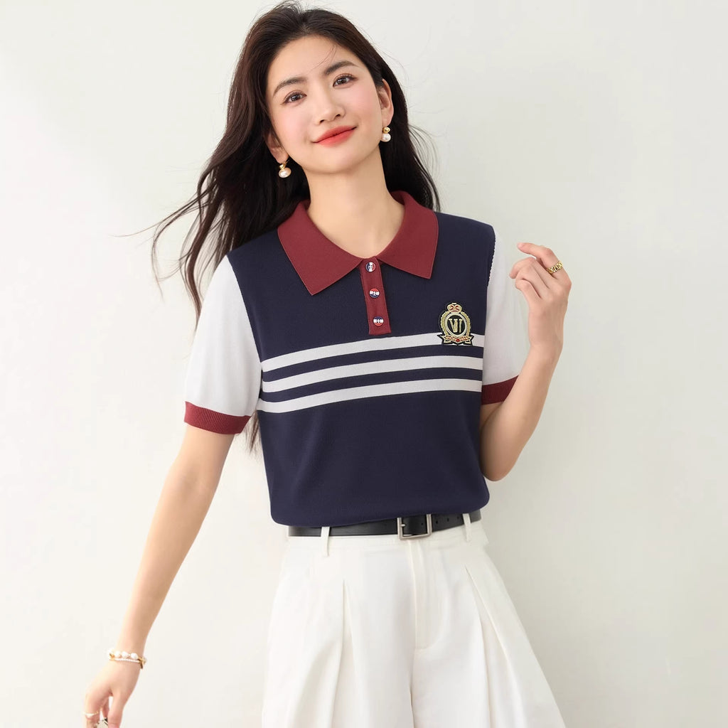 CollegeStripe Short Sleeve T-Shirt Women White Turn-down Collar Buttoned Top Summer Versatile Youthful Casual Shirt