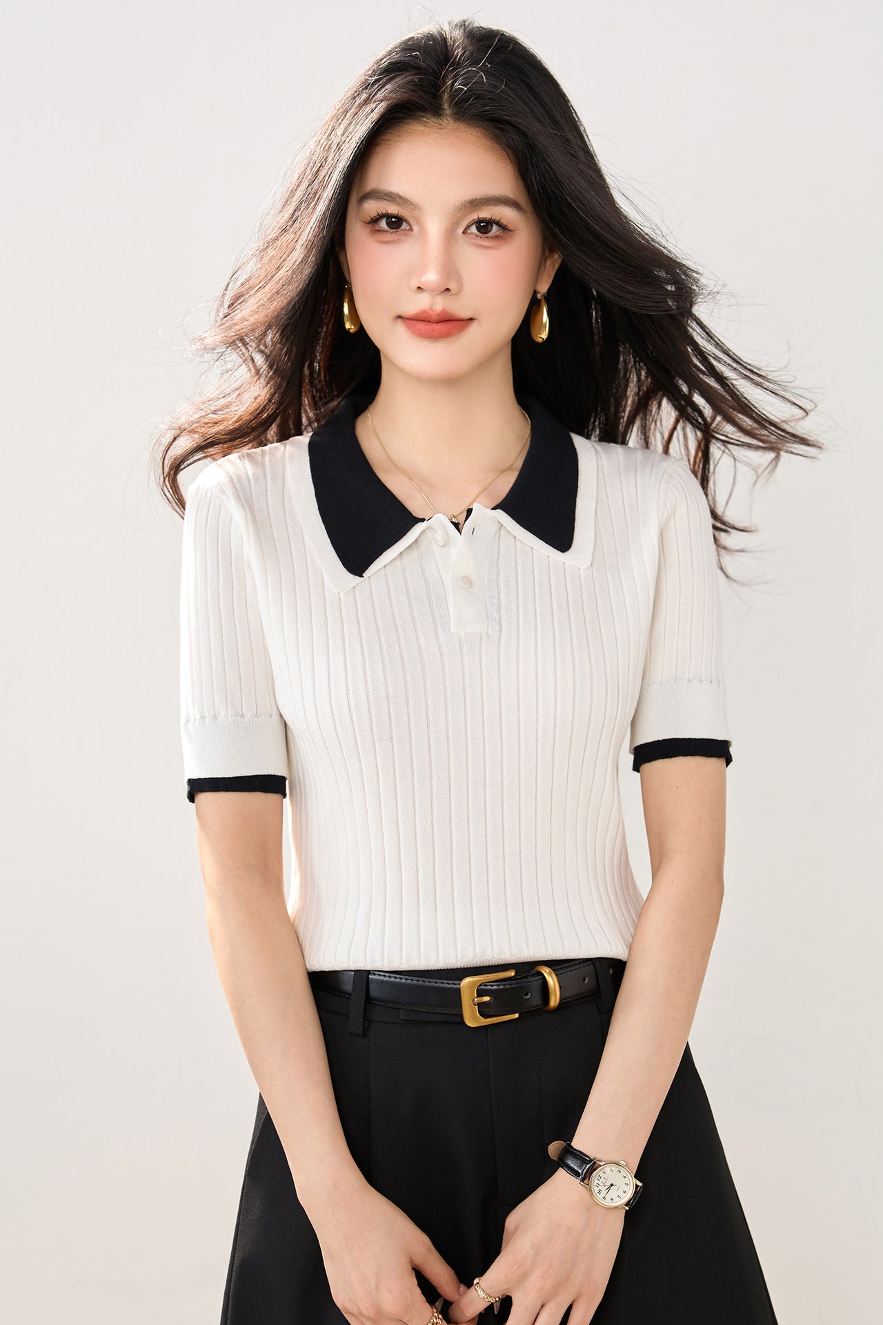 Polo Neck Knit Top for Women, Summer New Style Slim Fit Lightweight Ice Silk Short Sleeve Shirt