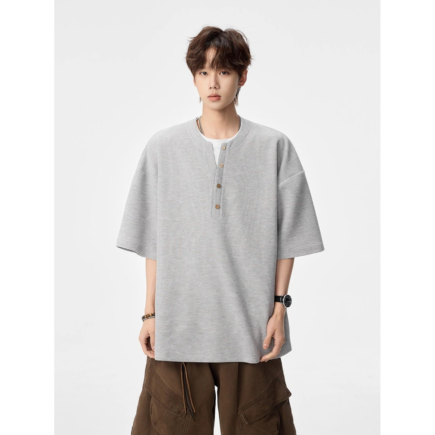 False Two-Piece Buttoned Short Sleeve T-Shirt