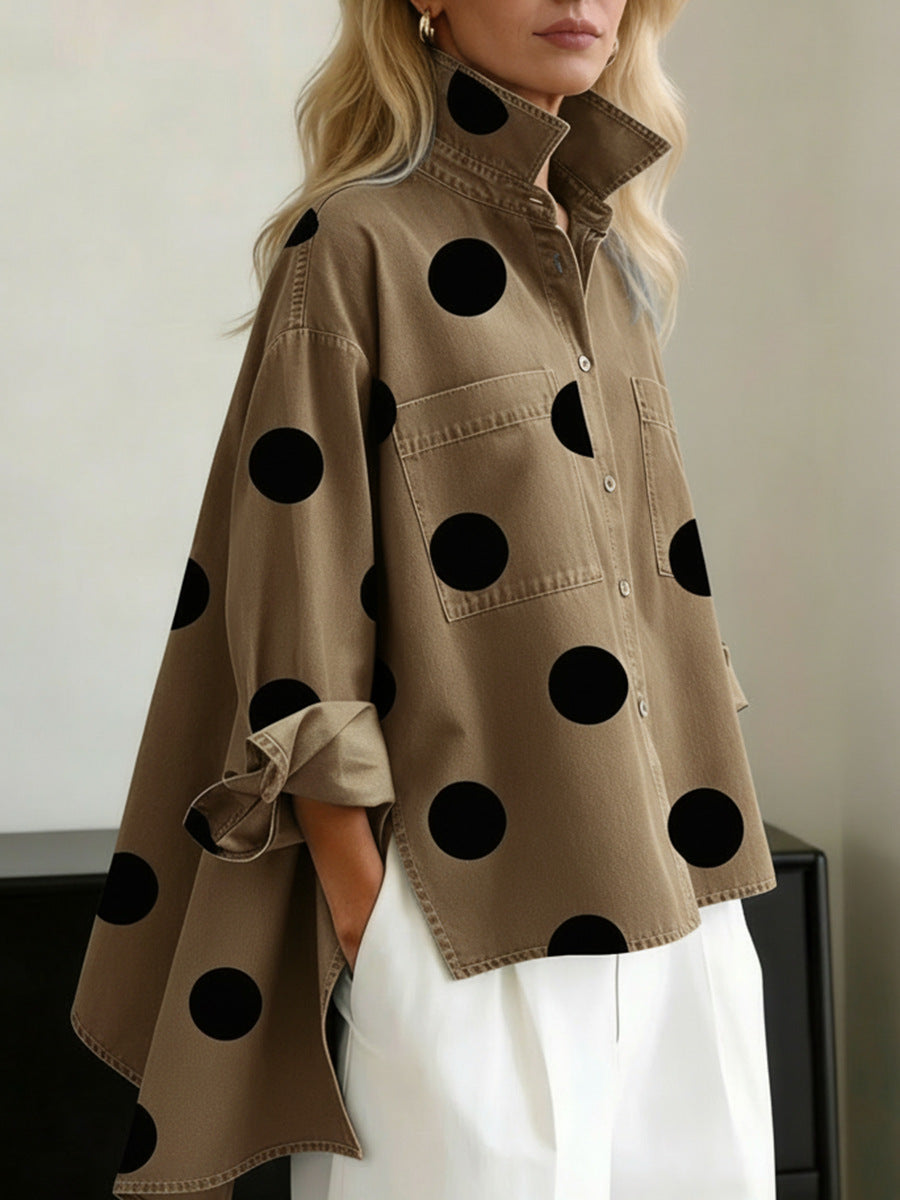 Style printed denim-like stand collar casual shirt