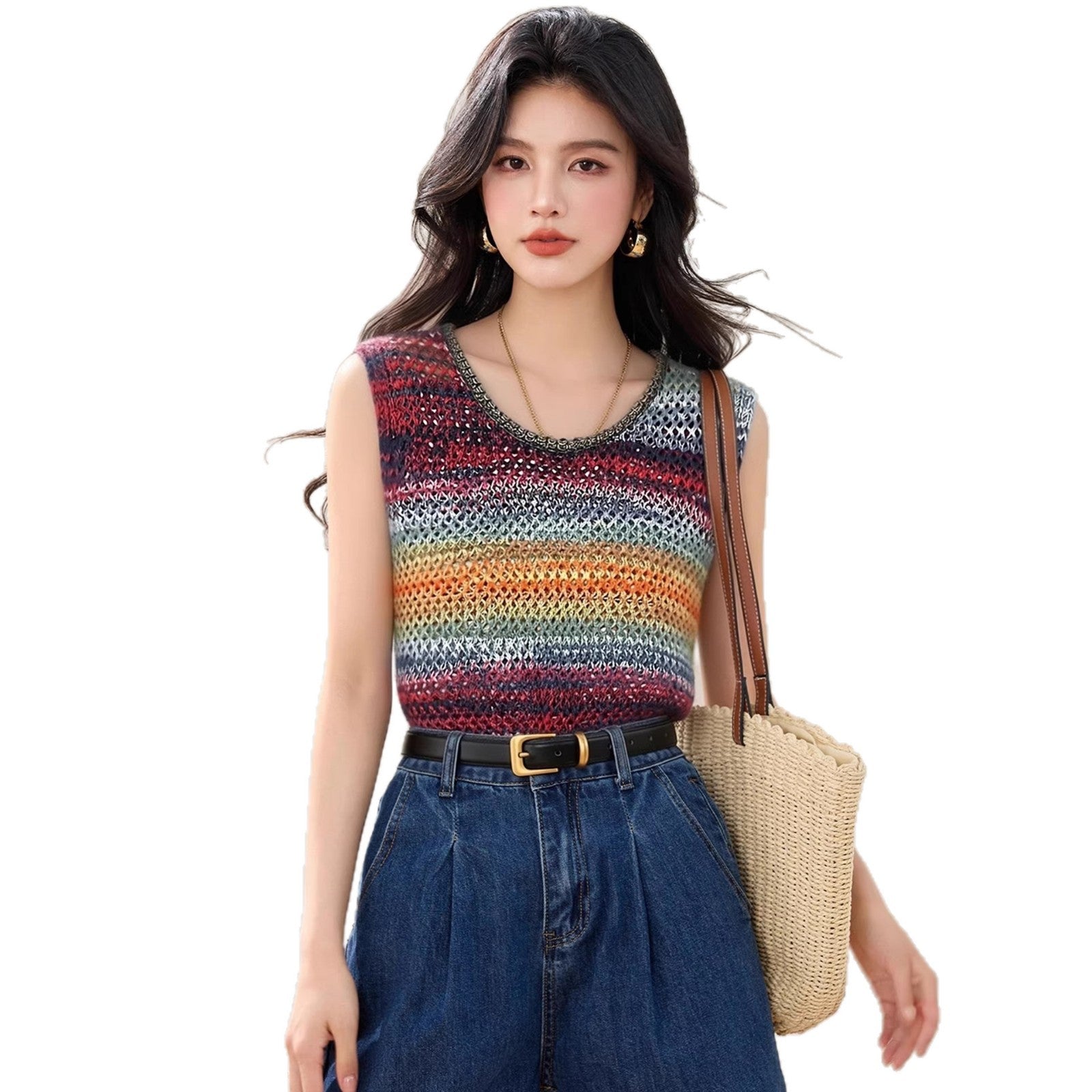 Design Colorful Stripe Knit Sleeveless Vest with Openwork Breathable Comfortable Top for Layering and Slim Look Women