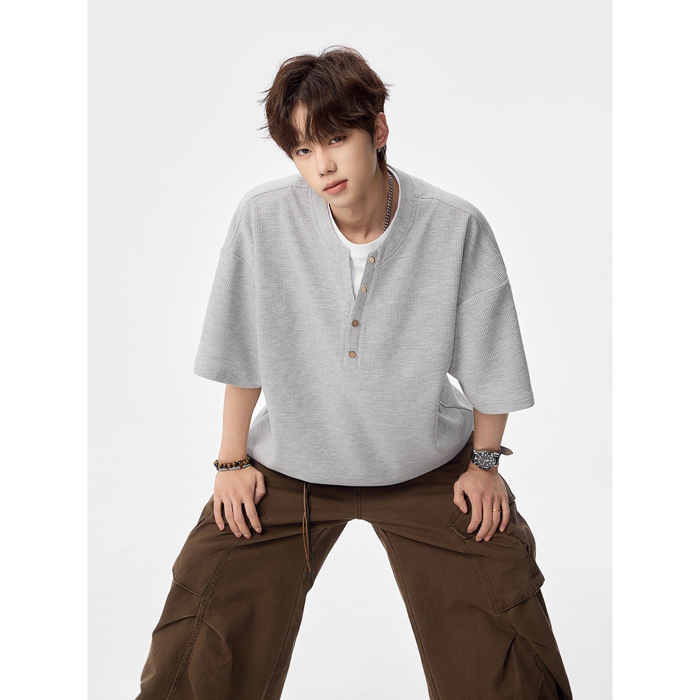 False Two-Piece Buttoned Short Sleeve T-Shirt