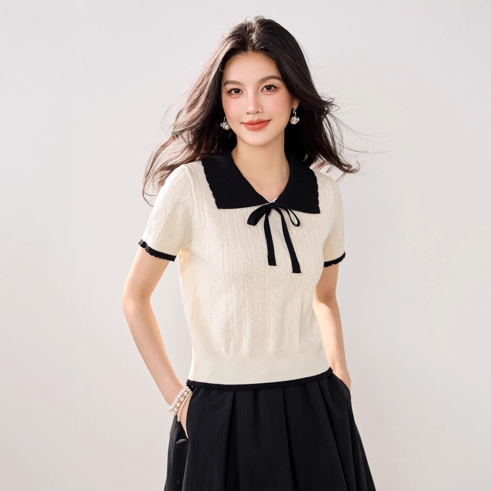 Cute Color-Blocking Short Sleeve Knit Top for Women, Summer Lightweight Skin-FriendlyBreathable Tie-Bow Design Sweet and Youthful Look