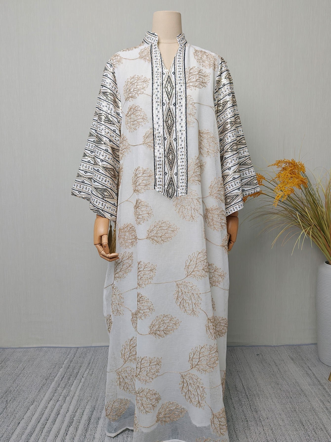 Elegant Embroidered Mesh Dress with Sleeve Slit Crew Neck V-Neck Long Dress