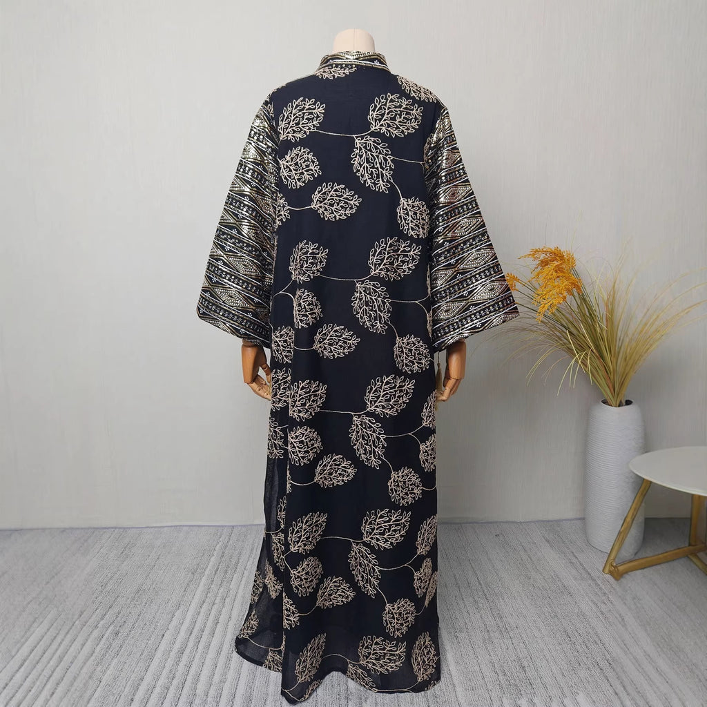 Elegant Embroidered Mesh Dress with Sleeve Slit Crew Neck V-Neck Long Dress