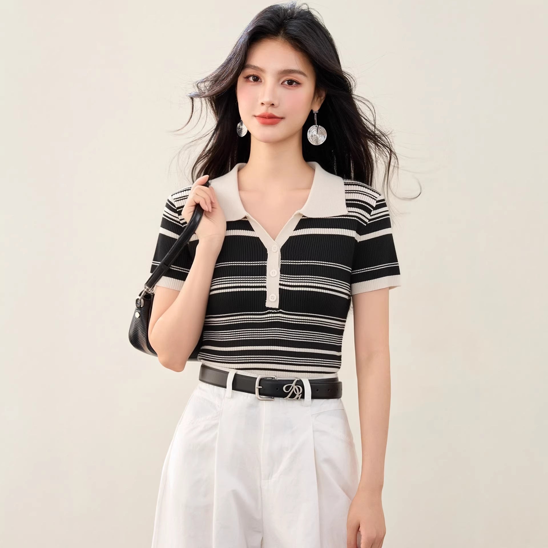 Fashionable Knitted Striped Polo Neck T-Shirt, Slim Fit, Casual Short Sleeve Top