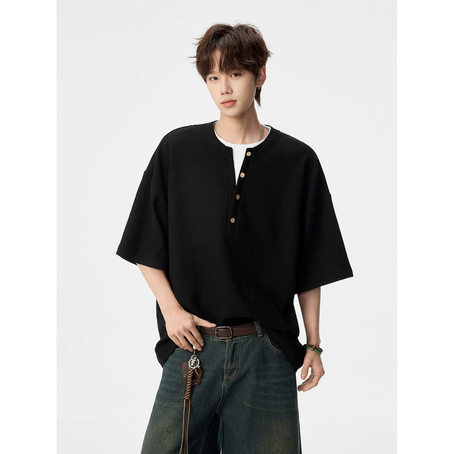 False Two-Piece Buttoned Short Sleeve T-Shirt