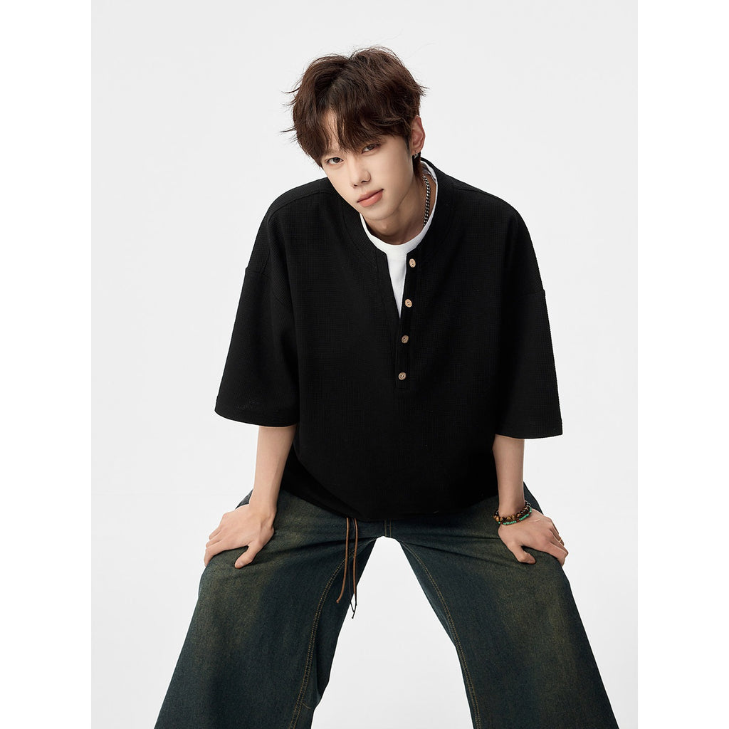 False Two-Piece Buttoned Short Sleeve T-Shirt