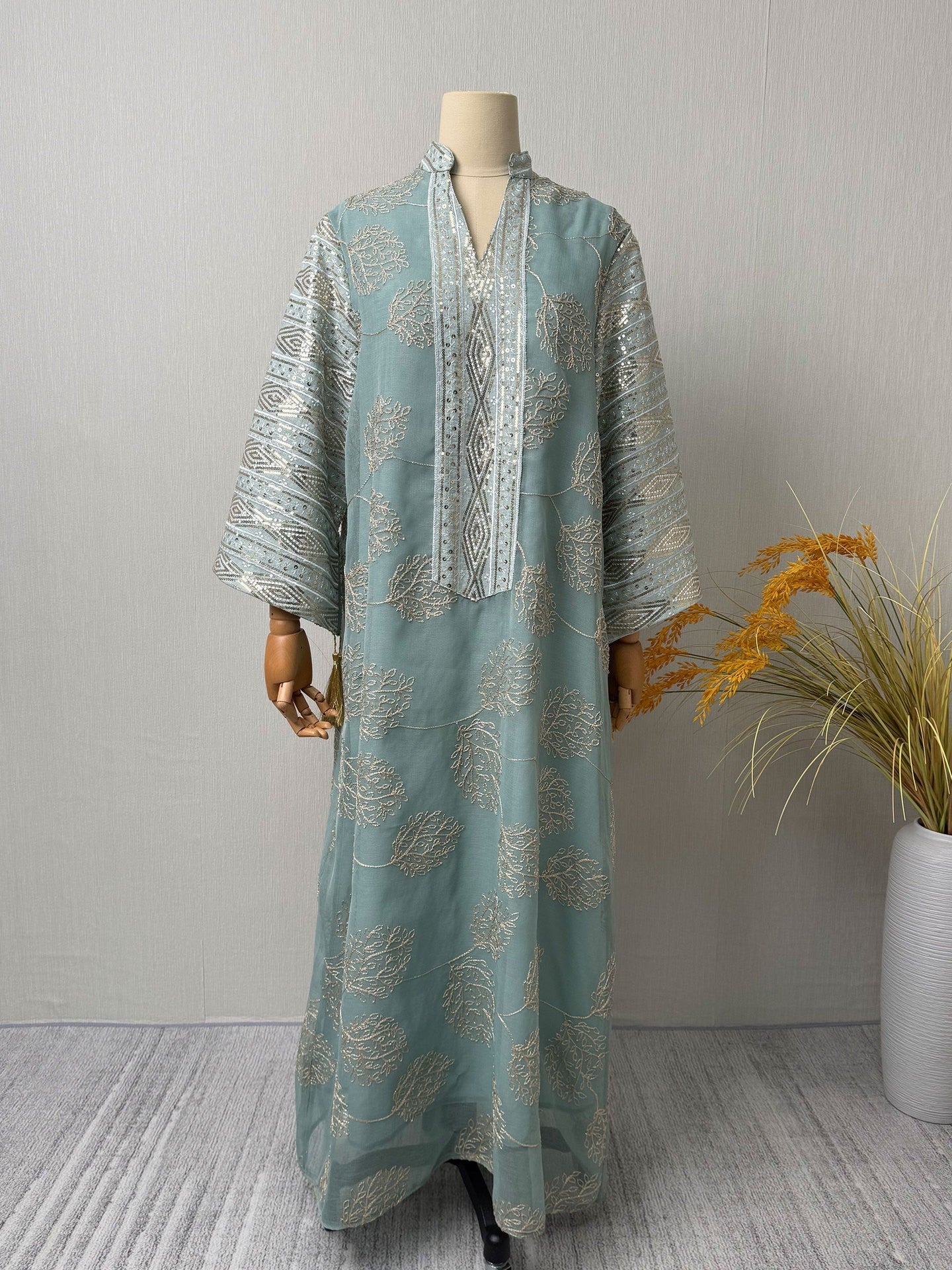 Elegant Embroidered Mesh Dress with Sleeve Slit Crew Neck V-Neck Long Dress