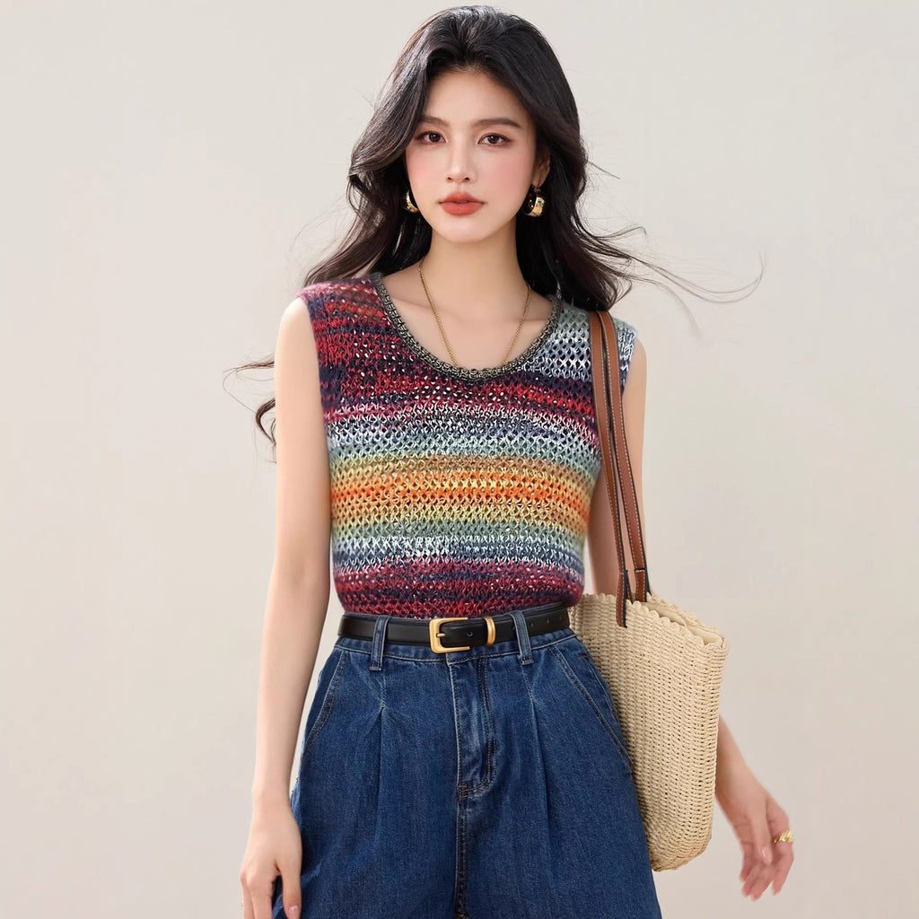 Design Colorful Stripe Knit Sleeveless Vest with Openwork Breathable Comfortable Top for Layering and Slim Look Women