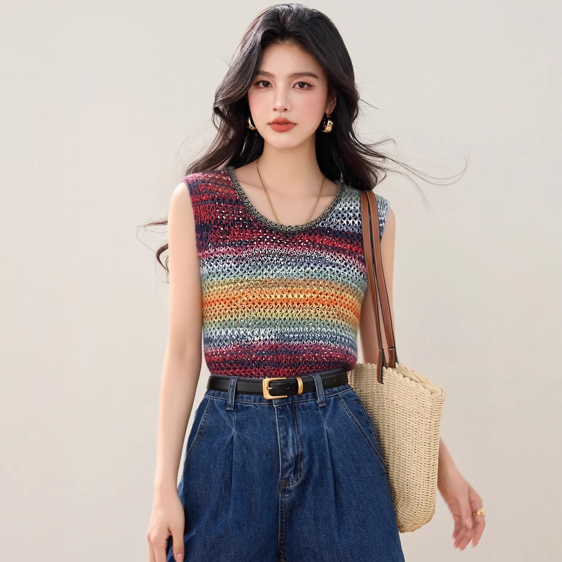 Design Colorful Stripe Knit Sleeveless Vest with Openwork Breathable Comfortable Top for Layering and Slim Look Women