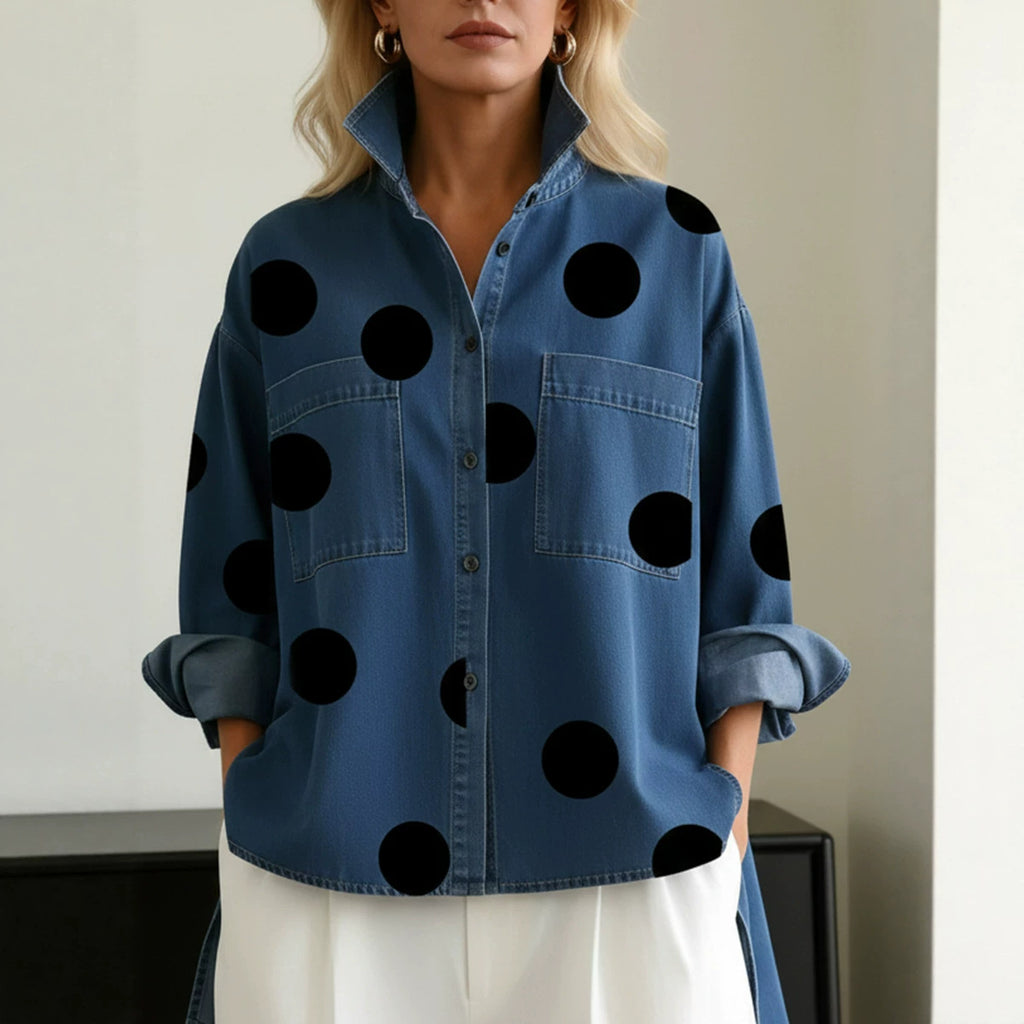 Style printed denim-like stand collar casual shirt