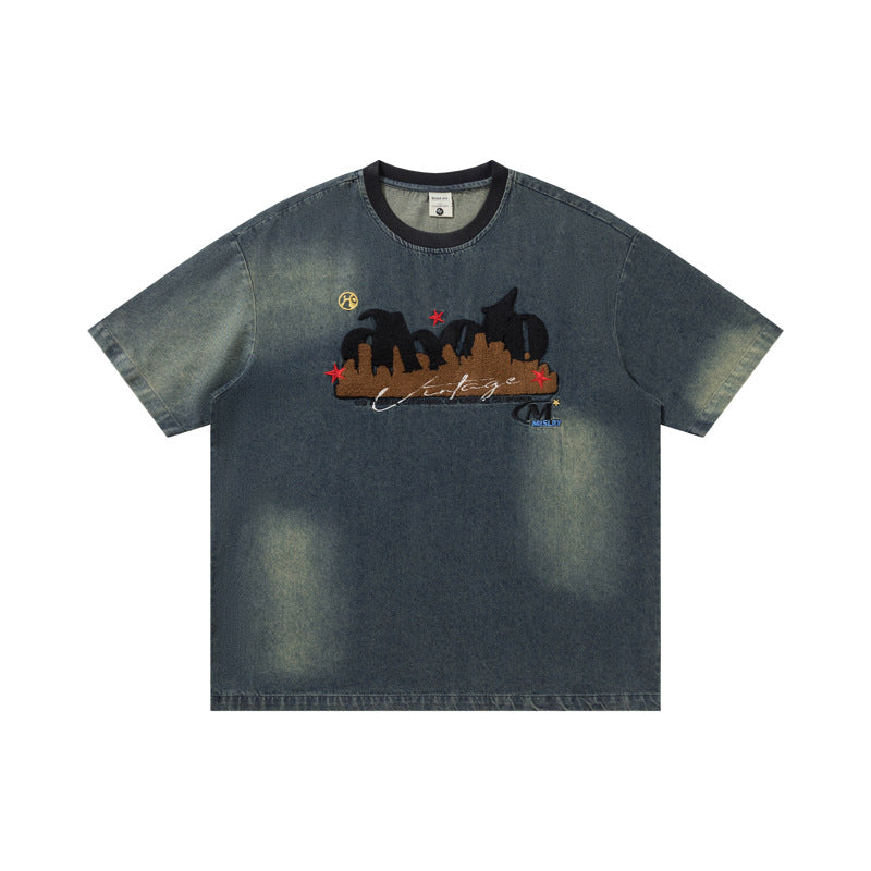 Vintage gradient letter towel embroidered denim short sleeved shirt