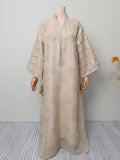 Elegant Embroidered Mesh Dress with Sleeve Slit Crew Neck V-Neck Long Dress
