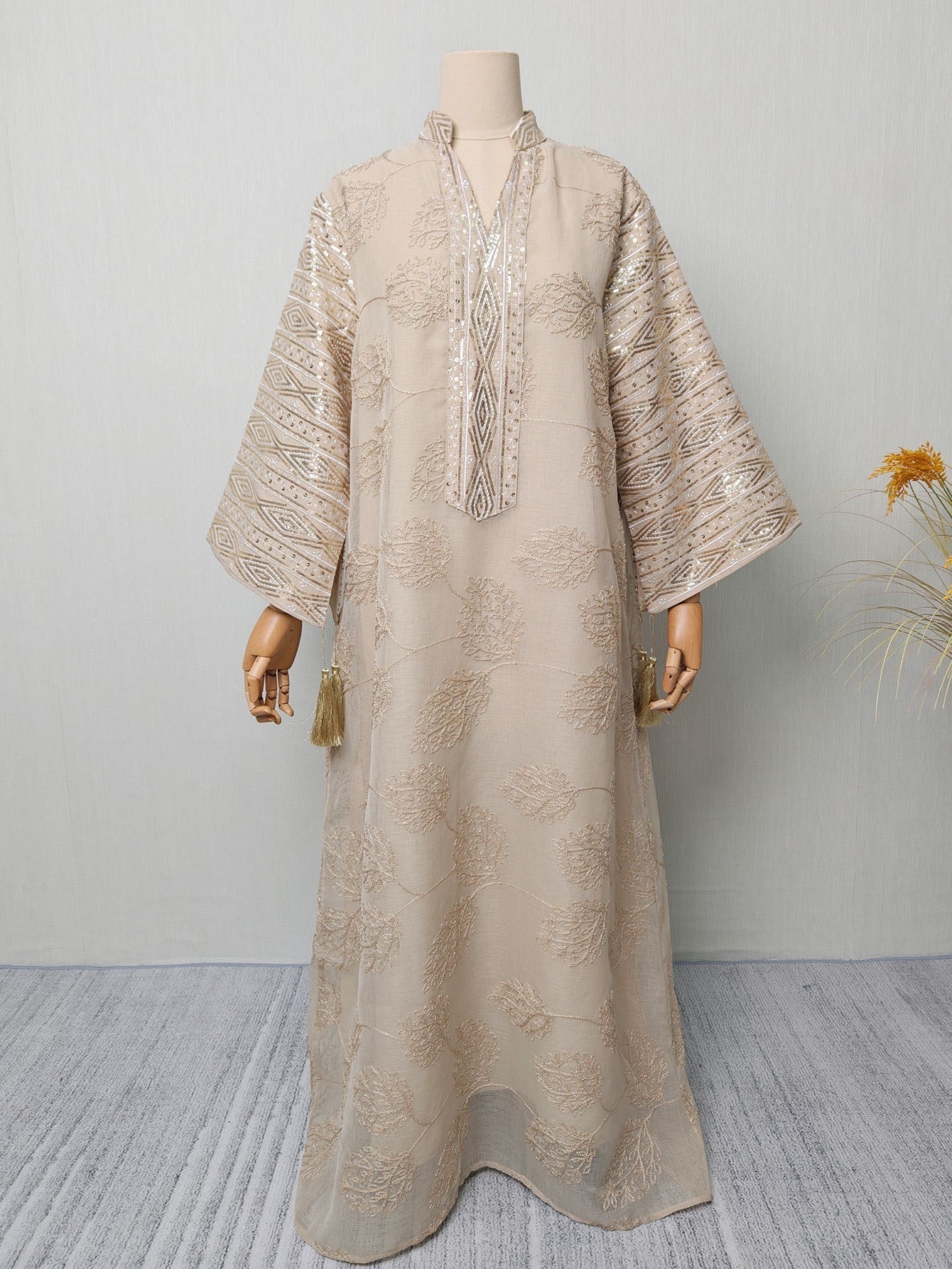 Elegant Embroidered Mesh Dress with Sleeve Slit Crew Neck V-Neck Long Dress
