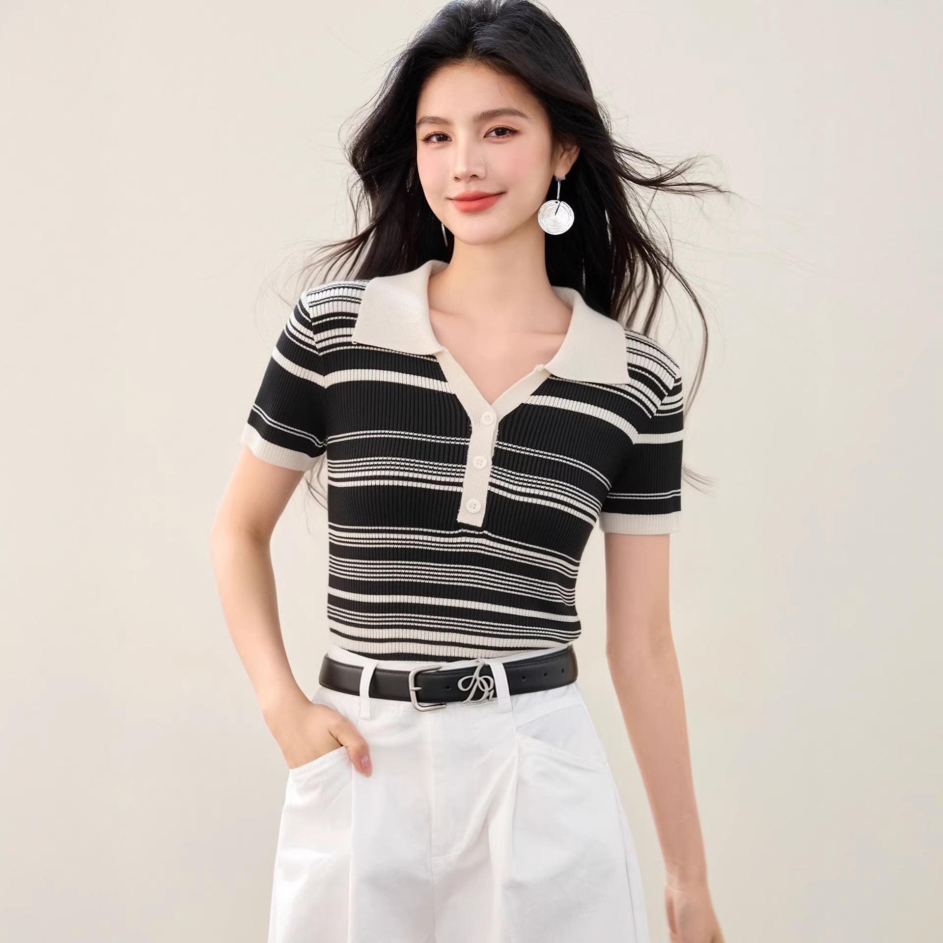 Fashionable Knitted Striped Polo Neck T-Shirt, Slim Fit, Casual Short Sleeve Top