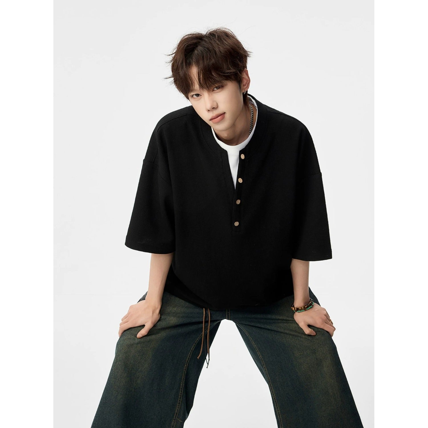False Two-Piece Buttoned Short Sleeve T-Shirt