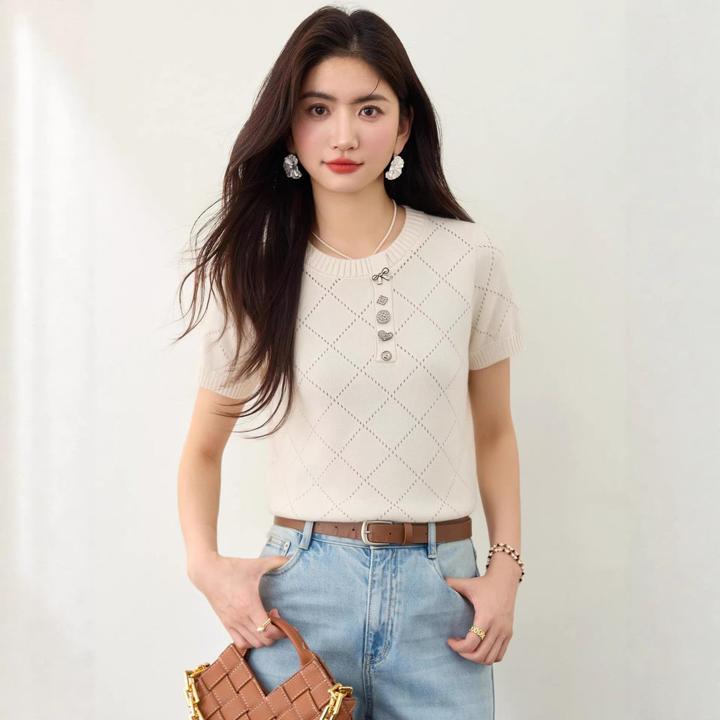 Knit Top with 3D Bow Knot and Hollow-out Quilted Design, Short Sleeve Women's Summer Casual Blouse