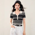 Fashionable Knitted Striped Polo Neck T-Shirt, Slim Fit, Casual Short Sleeve Top
