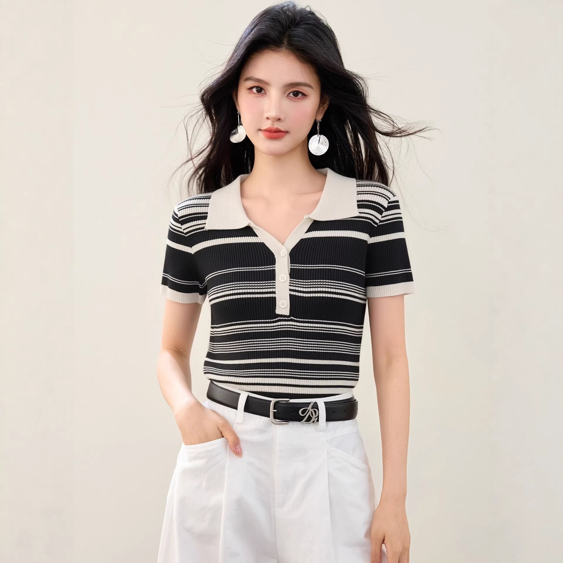 Fashionable Knitted Striped Polo Neck T-Shirt, Slim Fit, Casual Short Sleeve Top