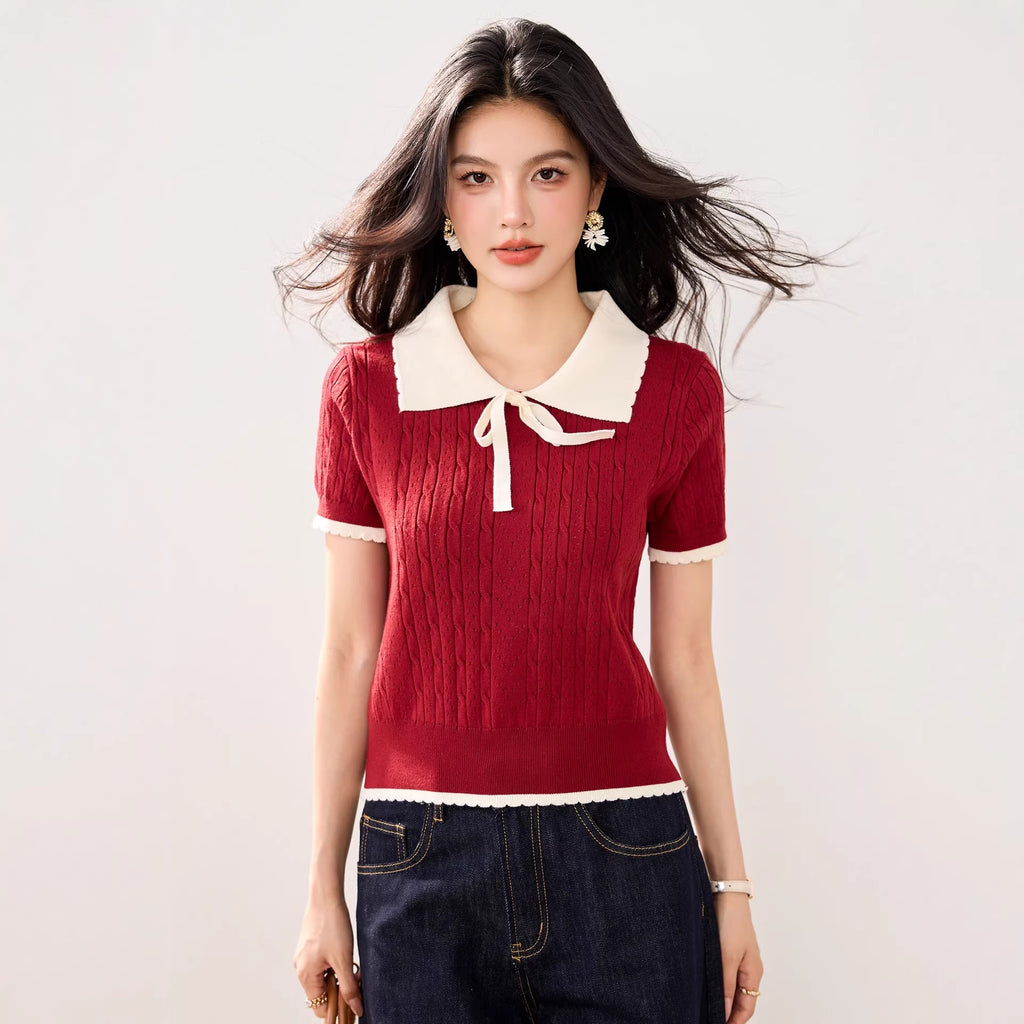 Cute Color-Blocking Short Sleeve Knit Top for Women, Summer Lightweight Skin-FriendlyBreathable Tie-Bow Design Sweet and Youthful Look