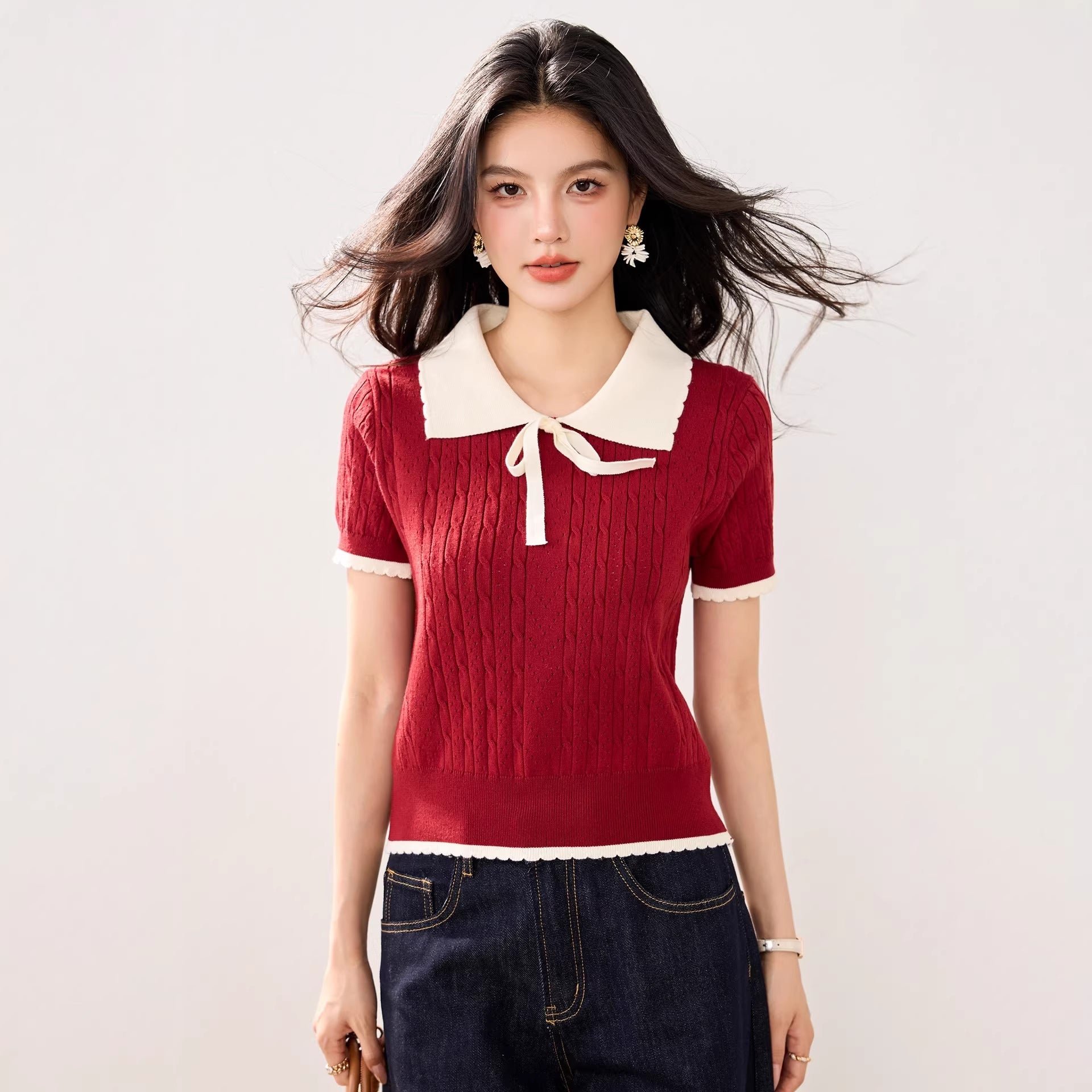 Cute Color-Blocking Short Sleeve Knit Top for Women, Summer Lightweight Skin-FriendlyBreathable Tie-Bow Design Sweet and Youthful Look