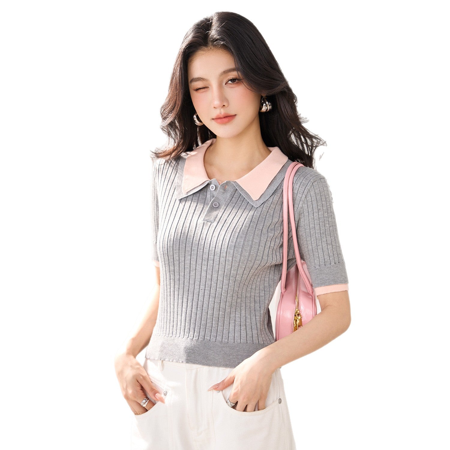 Polo Neck Knit Top for Women, Summer New Style Slim Fit Lightweight Ice Silk Short Sleeve Shirt