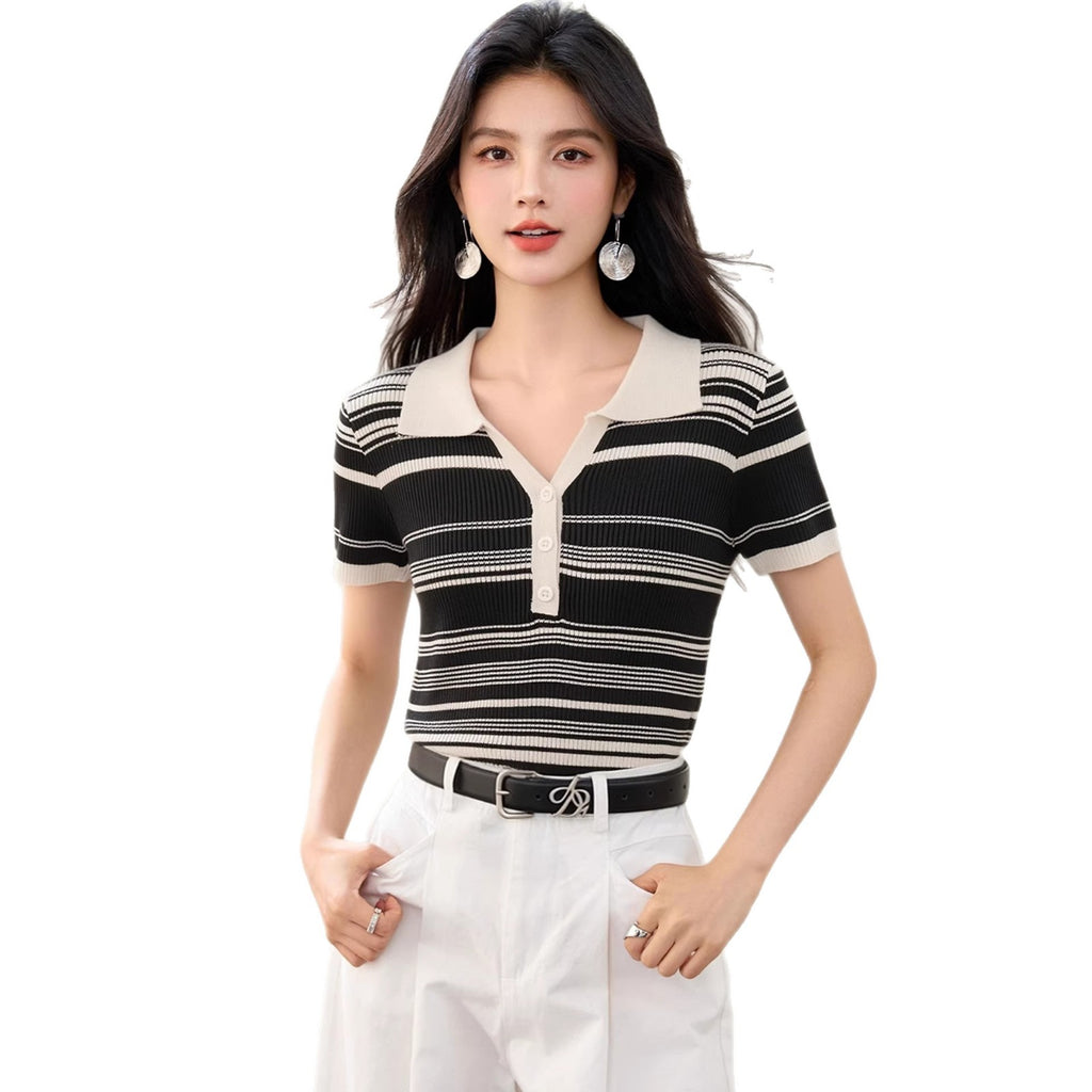 Fashionable Knitted Striped Polo Neck T-Shirt, Slim Fit, Casual Short Sleeve Top