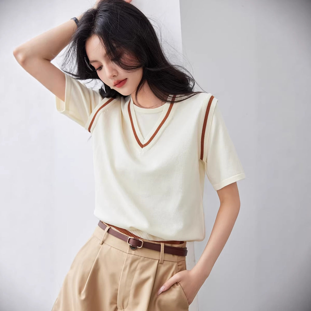 Faux Two-Piece V-Neck Ice Silk Knit Short Sleeve T-Shirt for Women, Loose Fit, Color-Blocking Design, Patchwork Top