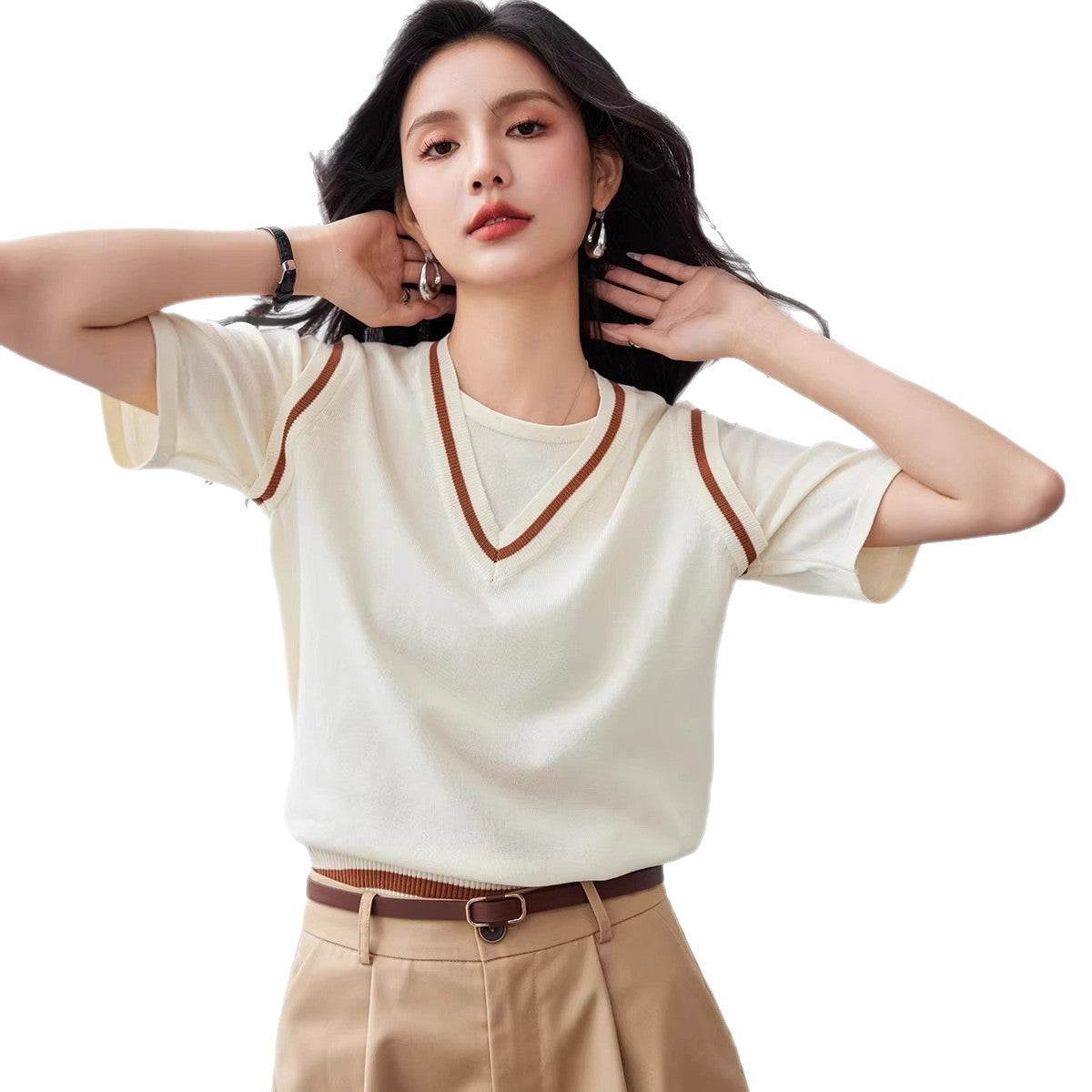 Faux Two-Piece V-Neck Ice Silk Knit Short Sleeve T-Shirt for Women, Loose Fit, Color-Blocking Design, Patchwork Top
