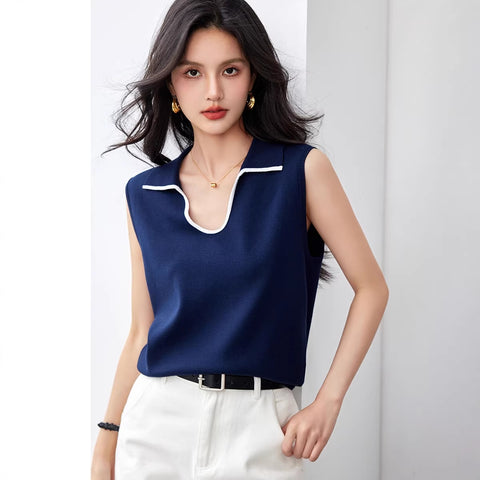 Polo Neck Sleeveless Knit Vest, Casual Loose-Fitting Versatile Shoulder Cover Top for Women
