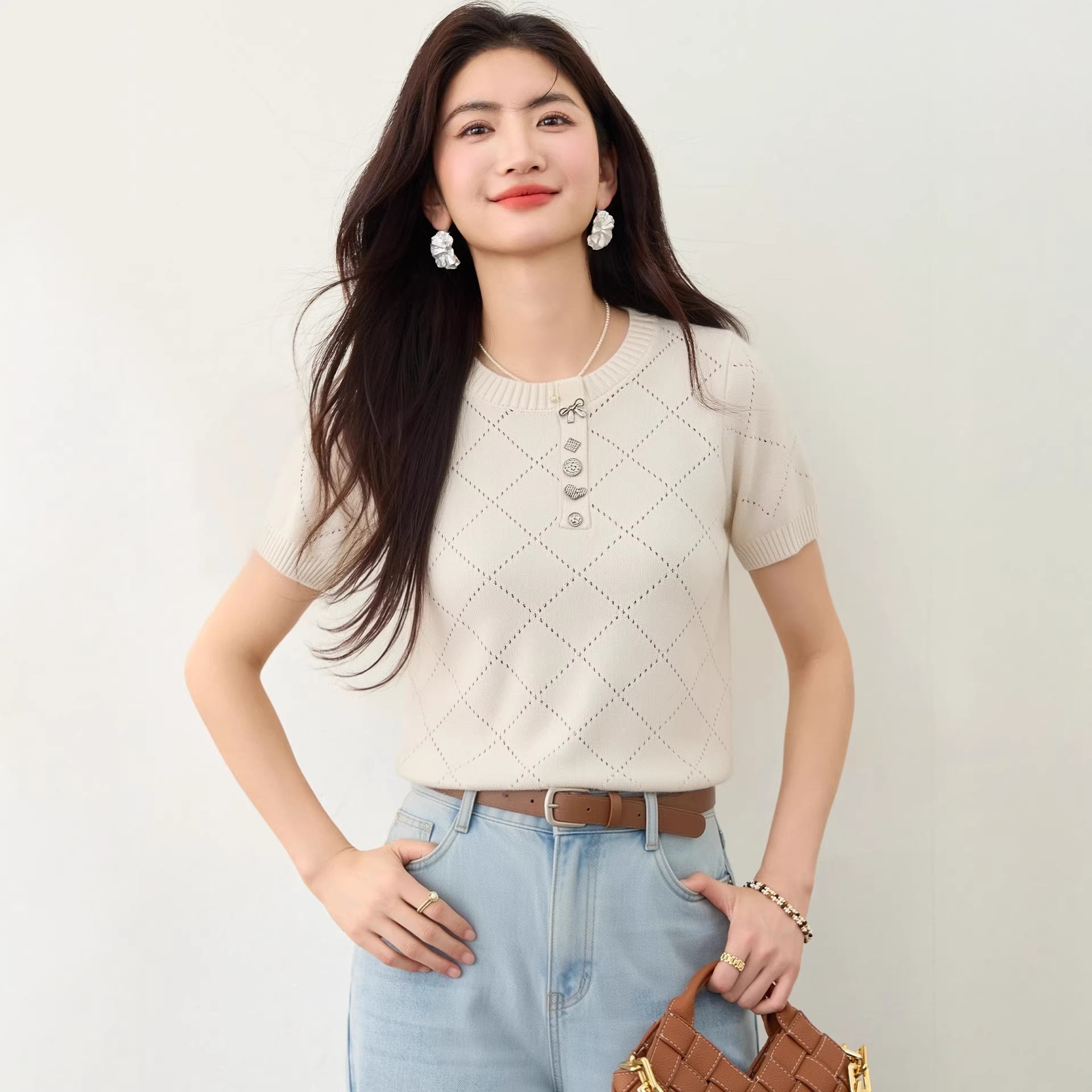 Knit Top with 3D Bow Knot and Hollow-out Quilted Design, Short Sleeve Women's Summer Casual Blouse