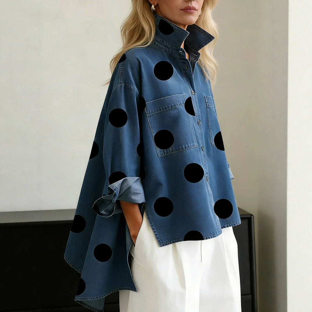 Style printed denim-like stand collar casual shirt