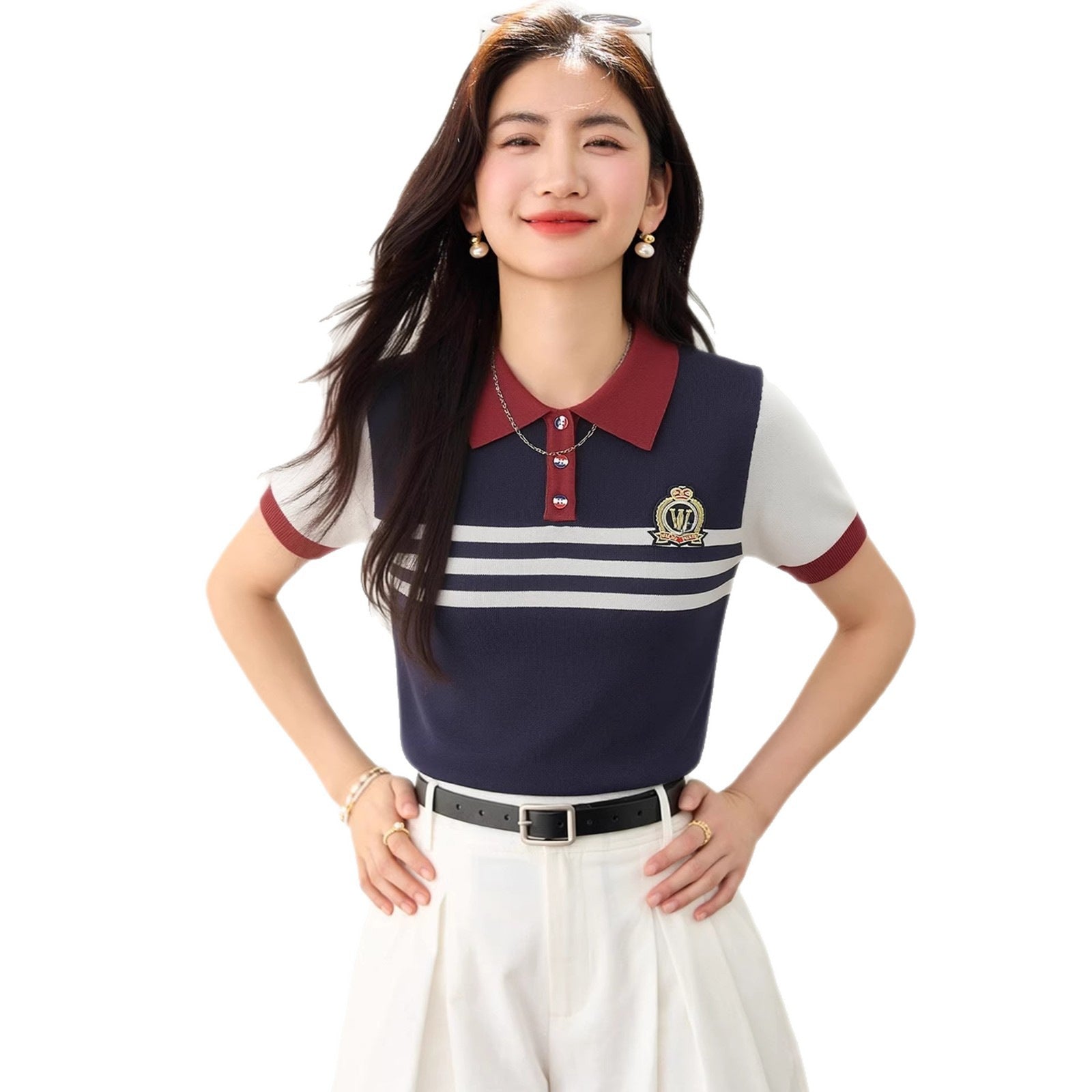CollegeStripe Short Sleeve T-Shirt Women White Turn-down Collar Buttoned Top Summer Versatile Youthful Casual Shirt