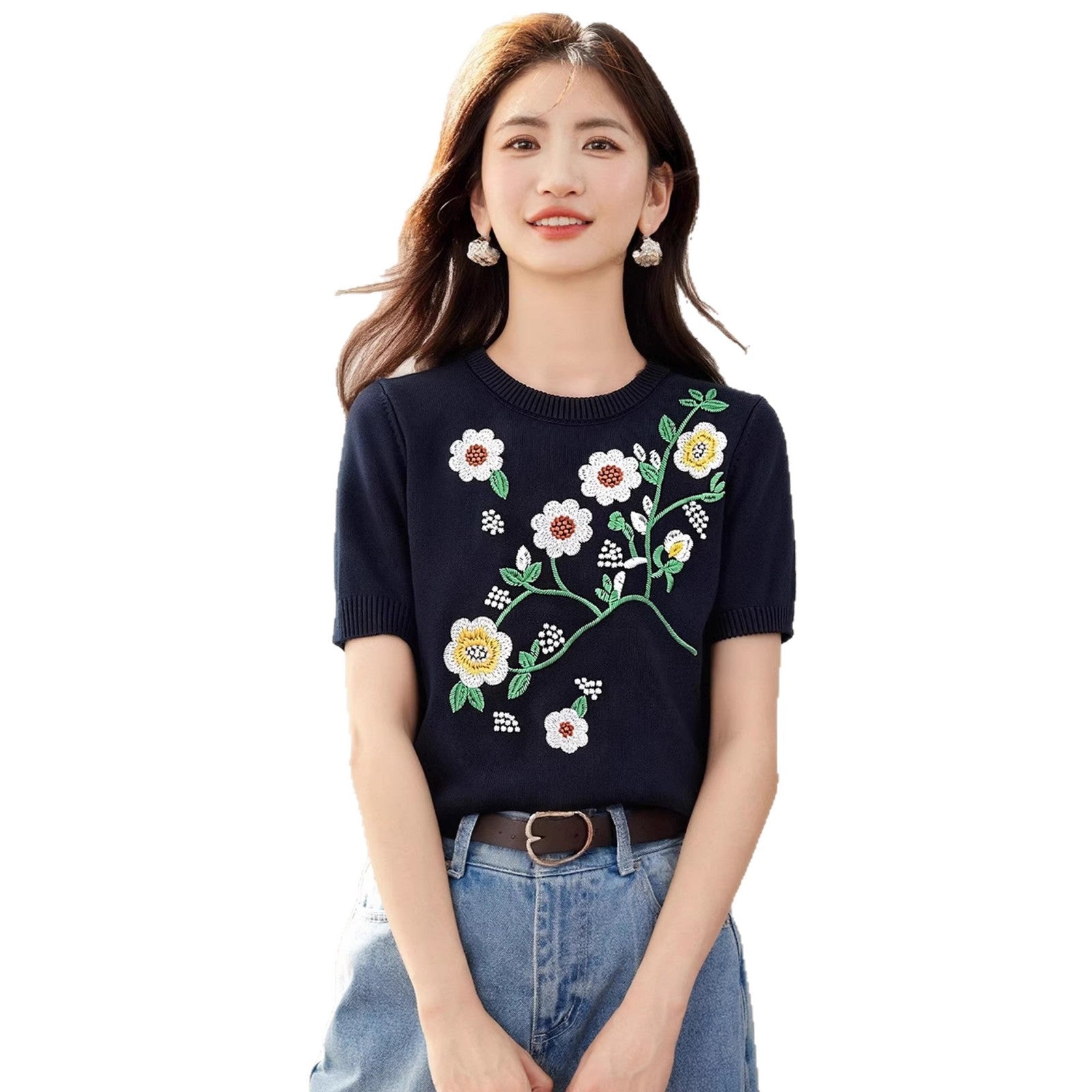 Retro black flower embroidered knitted short sleeved T-shirt for women's summer new small short top