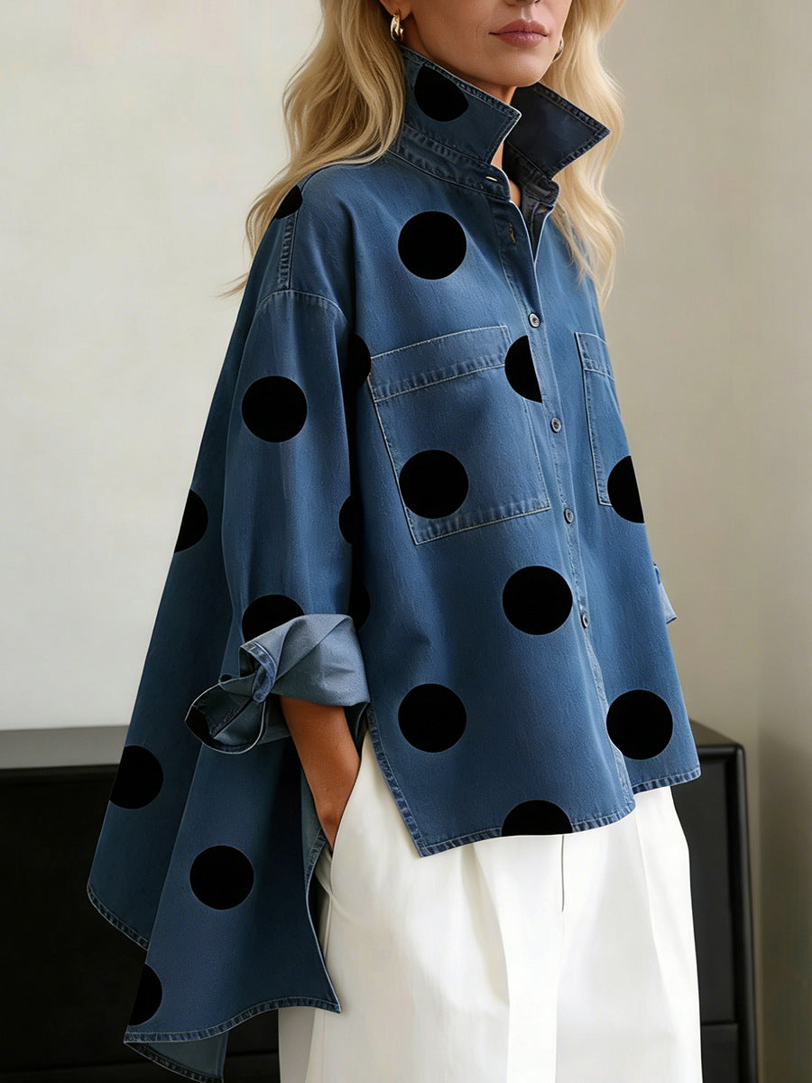 Style printed denim-like stand collar casual shirt