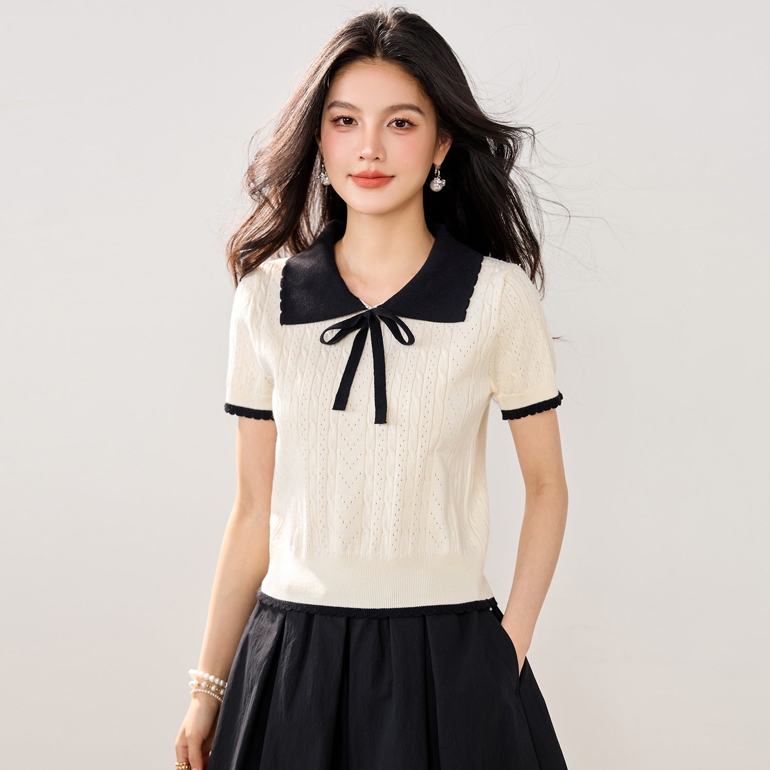 Cute Color-Blocking Short Sleeve Knit Top for Women, Summer Lightweight Skin-FriendlyBreathable Tie-Bow Design Sweet and Youthful Look